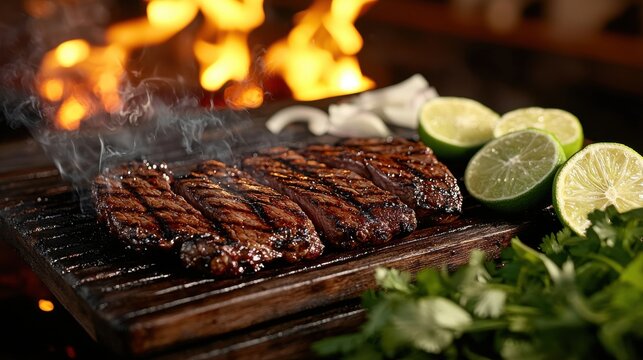 Carne asada grill featuring sizzling marinated skirt steak with caramelized edges and lime garnish on wooden surface - Powered by Adobe