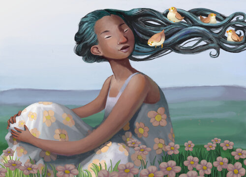 lady a sweet girl on a meadow in her long black hair some tender little birds hand made draw