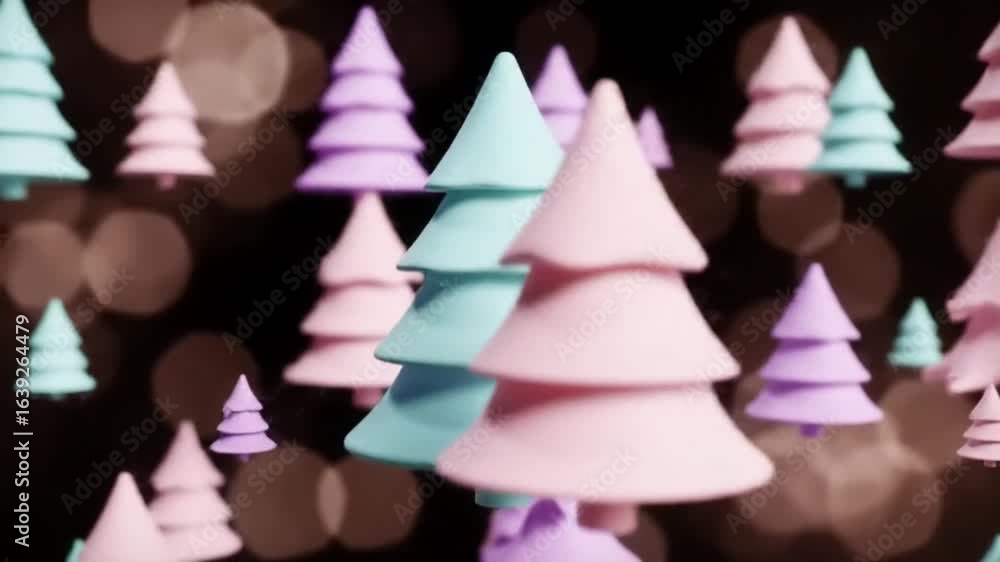Poster pastel-colored miniature fir trees float against a dark background with soft bokeh lights, creating 