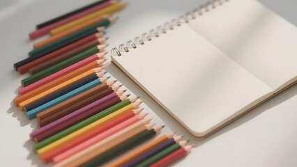 Colorful pencils neatly arranged next to an open blank notebook