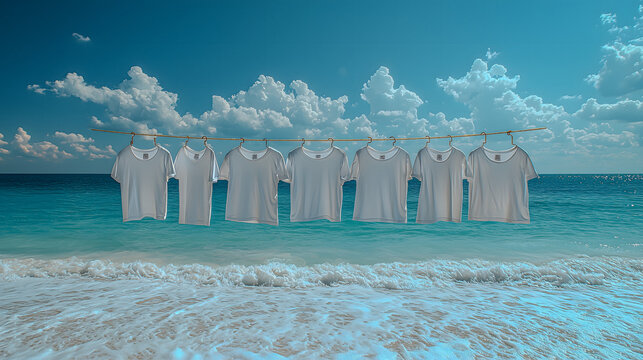Fresh tops drying between rustic posts on a bright sandy beach