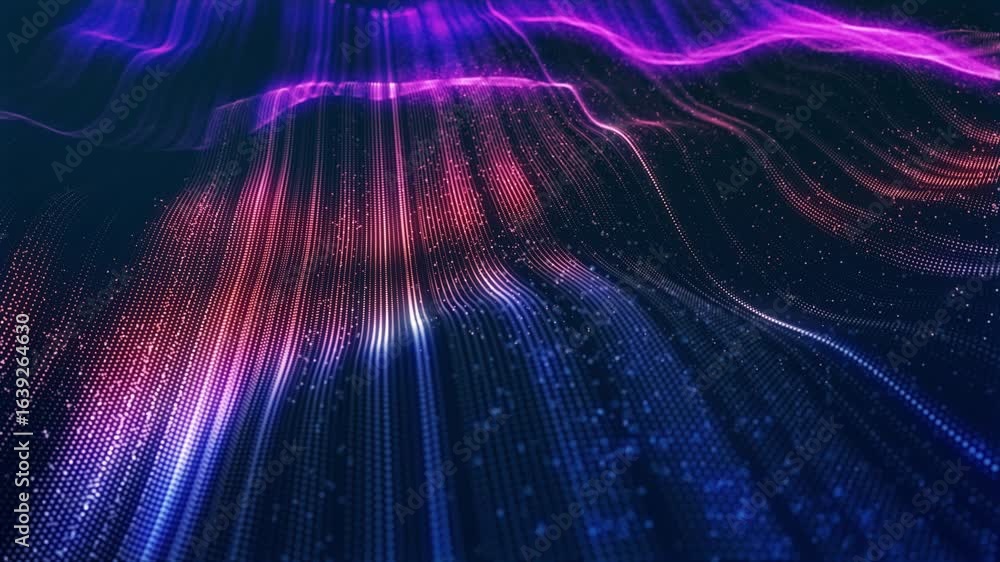 Poster stunning surface composed of neon glow particles that form waves of light. captivating seamless loop