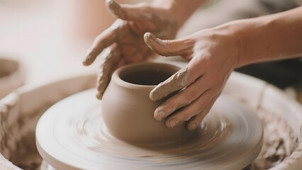 Hands shaping clay on a pottery wheel, creating a ceramic pot