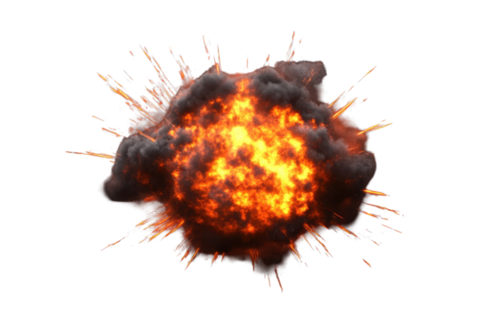 Realistic fiery explosion with vibrant colors swirling in the air, creating an intense display of energy and chaos at dusk