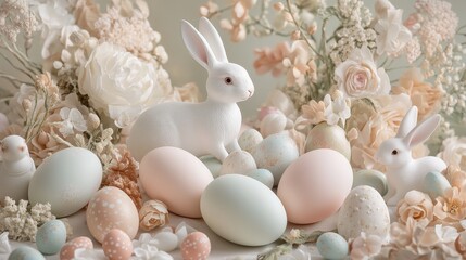 79.Delicate arrangement of pastel-colored Easter eggs with sculpted bunny figurines, harmonious festive composition evoking warmth and holiday cheer