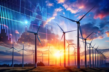 Wind turbines generating renewable energy at sunset with financial data overlay