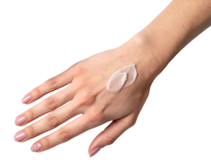 Female hand with beige body cream applied on isolated white background