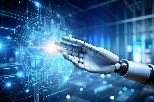 Artificial Intelligence, robotic hand touching digital interface—automation, machine learning, innovation, future technology