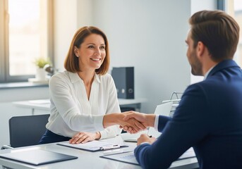 Fototapeta premium Cordial handshake at a formal meeting: Capturing the essence of a professional setting, two individuals are engaged in a cordial handshake, symbolizing agreement and mutual respect.