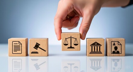 Law and Order: A hand carefully places a block with scales of justice onto the collection of wooden blocks, representing the intricate balance and the rule of law.
