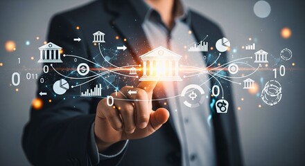 Digital Finance and Fintech: A man's hand interacts with a digital interface representing the evolution of financial institutions and technology. 