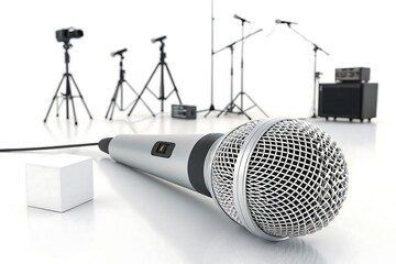 Professional microphone ready for recording audio in a studio setting with cameras and music equipment