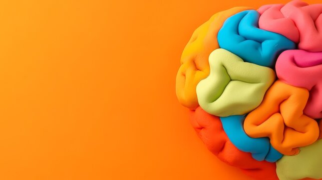 43.Playdough brain model with segmented parts, soft sculpted representation of cognitive processes, colorful handcrafted design placed on an orange background with space for text
