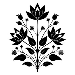Black silhouette floral design with lotus flowers and leaves