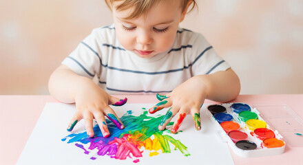High-Angle Toddler Finger Painting on Pastel Pink Table