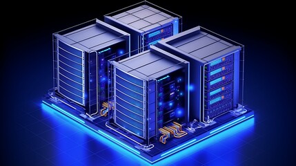 High-rise isometric data center with fiber cables and cooling units visible, matte royal blue solid background, clear reflections, realistic depth .