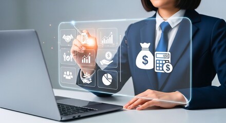 Business finance and digital transformation: A forward-thinking businesswoman utilizes cutting-edge financial technology, seamlessly analyzing data and managing resources with precision.