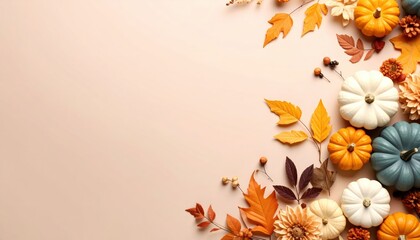 Autumn harvest celebration with pumpkins and leaves cozy home setting decorative arrangement warm atmosphere aesthetic viewpoint