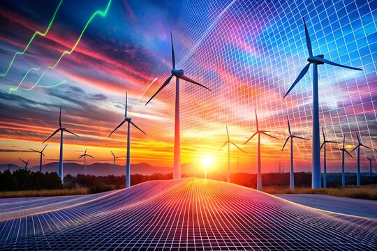 Renewable energy sources with wind turbines and solar panels at sunset - Powered by Adobe