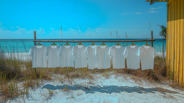 Windblown white shirts drying near beach grass and turquoise water