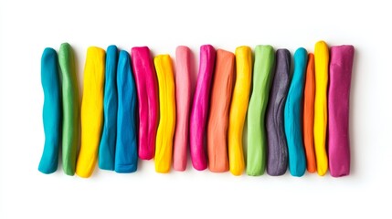 46.Colorful plasticine sticks arranged in a neat row, vibrant sculpting clay bars in bright primary and pastel colors, isolated on a white background