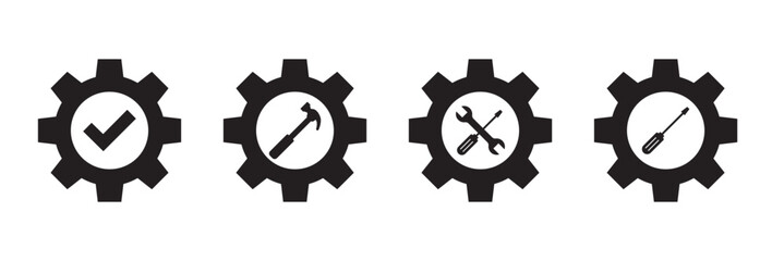 set of gear icons on white background . Gear with check mark symbol settings .   
 