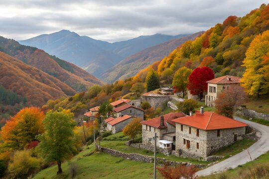 Charming italian village nestled in autumn mountains with colorful foliage