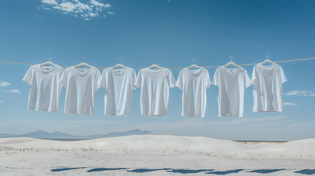 Straight row of clean white shirts against a cloudless blue sea