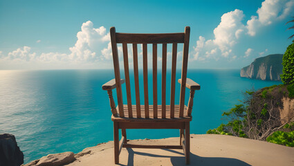 A wooden rocking chair faces a stunning ocean view from a cliffside perch under a bright blue sky with scattered clouds.