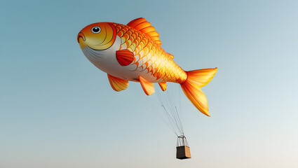 A large, inflatable goldfish-shaped balloon floats in the clear sky.