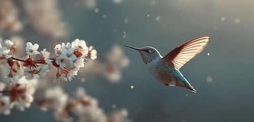 Fototapeta premium Graceful hummingbird sipping nectar from blossoms lit by golden dusk
