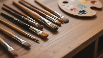 Obraz premium Artist's Paintbrushes and Palette on a Wooden Table