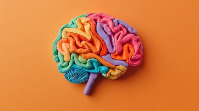 45.Symbolic brain made of plasticine, handcrafted colorful segments representing different cognitive functions, creative amnesia concept on a vibrant orange background