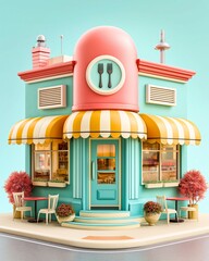 Charming Restaurant: Captivating a whimsy eatery, the image is the facade of a delightful restaurant. Colorful design, inviting details, and artistic appeal.