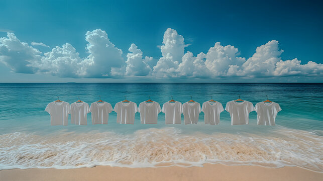 Airy garments drying along a calm blue coastal horizon
