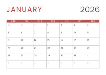 Monthly page Calendar Planner Template design of January 2026. Vector layout of calendar with week start Monday for Scheduling. Page for size A4 or 21x29.7 cm