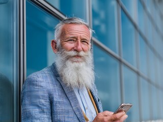 An older gentleman with a long white beard browses his smartphone in front of a modern building exterior.