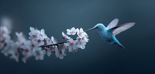 Luminous hummingbird delicately sipping nectar from shadowed blossoms under night sky