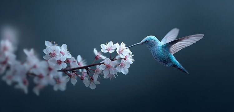 Luminous hummingbird delicately sipping nectar from shadowed blossoms under night sky