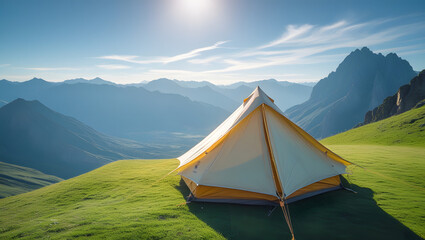 Scenic camping tent on grassy mountain ridge under bright sky