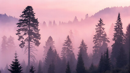 Misty pine forest fading into pastel pink fog