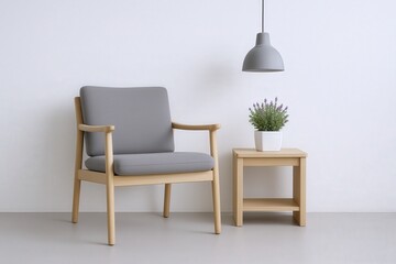 Fototapeta premium Modern Scandinavian Armchair and Side Table with Potted Plant and Pendant Lamp in Minimalist Interior Setting