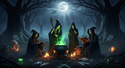 A group of witches gathered around a cauldron under the moonlight in a dark and spooky forest