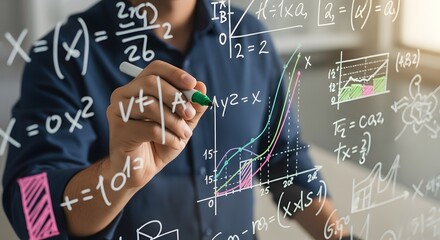 A person writing mathematical formulas and graphs on a transparent surface.