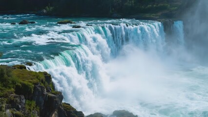 Powerful waterfall cascading into a turquoise river, surrounded by lush greenery