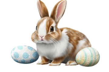 Cute Easter bunny sitting beside colorful eggs with a transparent background during a festive spring celebration