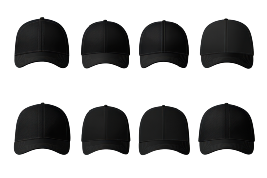 Various blank black baseball caps displayed in a grid format, showcasing simple and versatile headwear options suitable for casual wear or customization