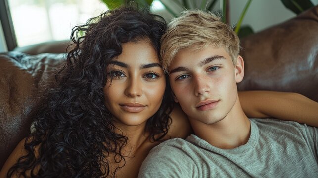 Interracial couple intimate moment indoors diverse partners cuddling woman dark curls man light hair cozy home setting - Powered by Adobe
