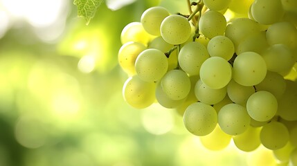 Close up of a vibrant bunch of ripe green grapes hanging in a vineyard