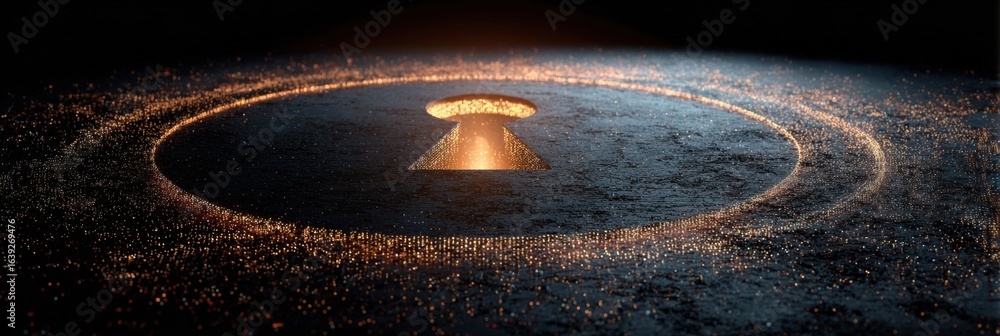 Poster conceptual artistic rendering of an illuminated keyhole surrounded by glowing particles on a texture